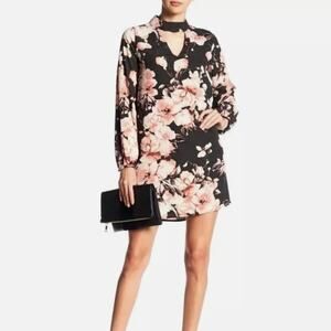 Peach Love California Floral Print Choker Shift Dress Pink BlackLarge Cut-Out